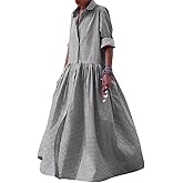 chouyatou Women's Retro Plaid Button Down Maxi Shirt Dress Long Sleeve Button Up Gingham Swing Long Dress