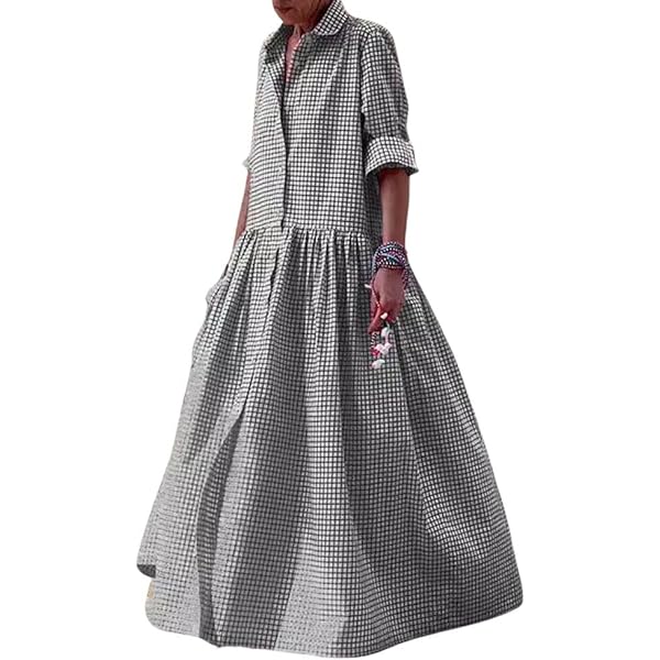 Sexyshine Women's Retro Plaid Button Down Long Sleeve Maxi