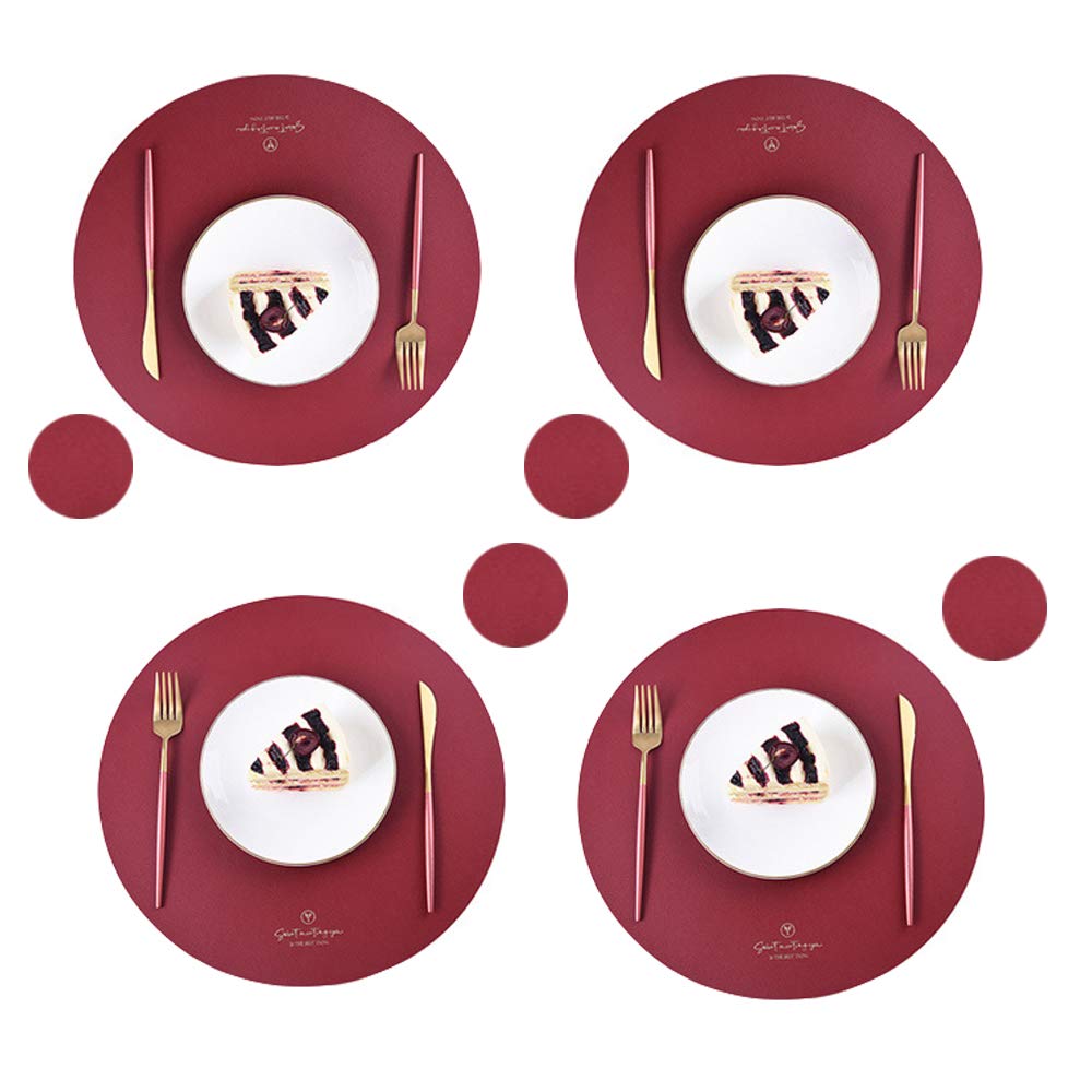 Set of 4 Round PU Leather Placemats and Coasters, Faux Leather Waterproof Table Mats, Easy to Wipe Off for Kitchen Dining Round Table(Red)