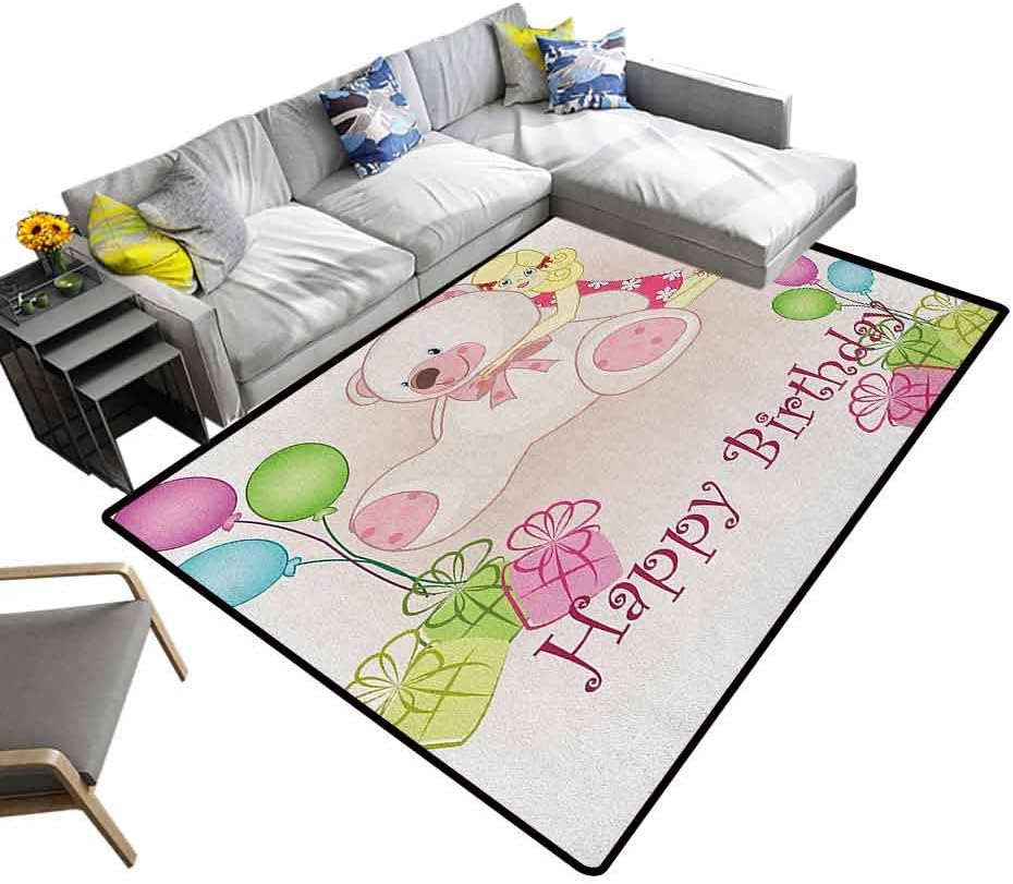 Kids Birthday Living Room Floor Carpets Baby Girl Birthday with Teddy Bears Toys Balloons Surprise Boxes Dolls Image for Dining Room Living Room Home Decoration Pale Pink (4'x5')