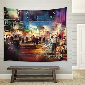 Painting of Shopping Street City with Colorful Nightlife - Fabric Wall Tapestry Home Decor - 51x60 inches
