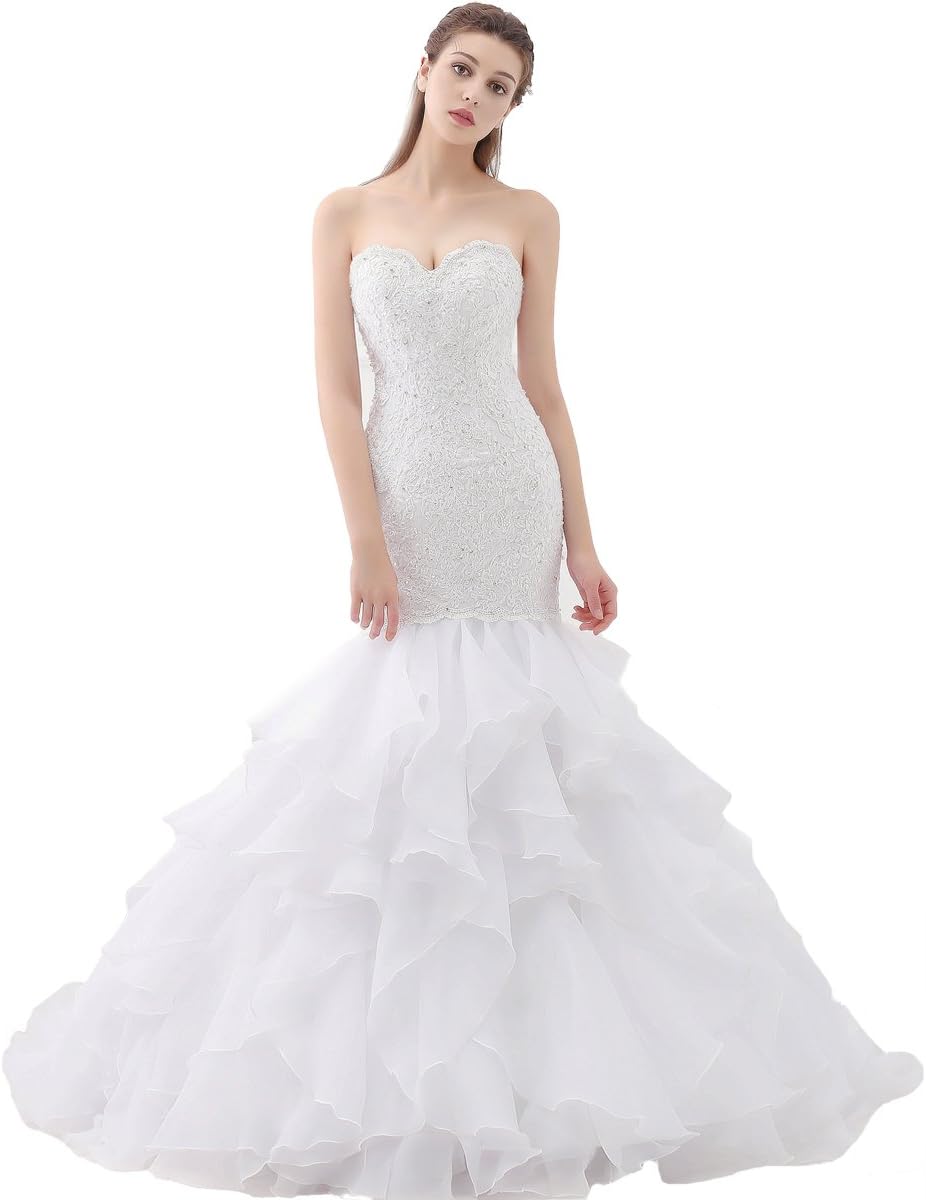 Mermaid Sweetheart Organza Wedding Dress with Lace Appliques Wedding Bridal Gown