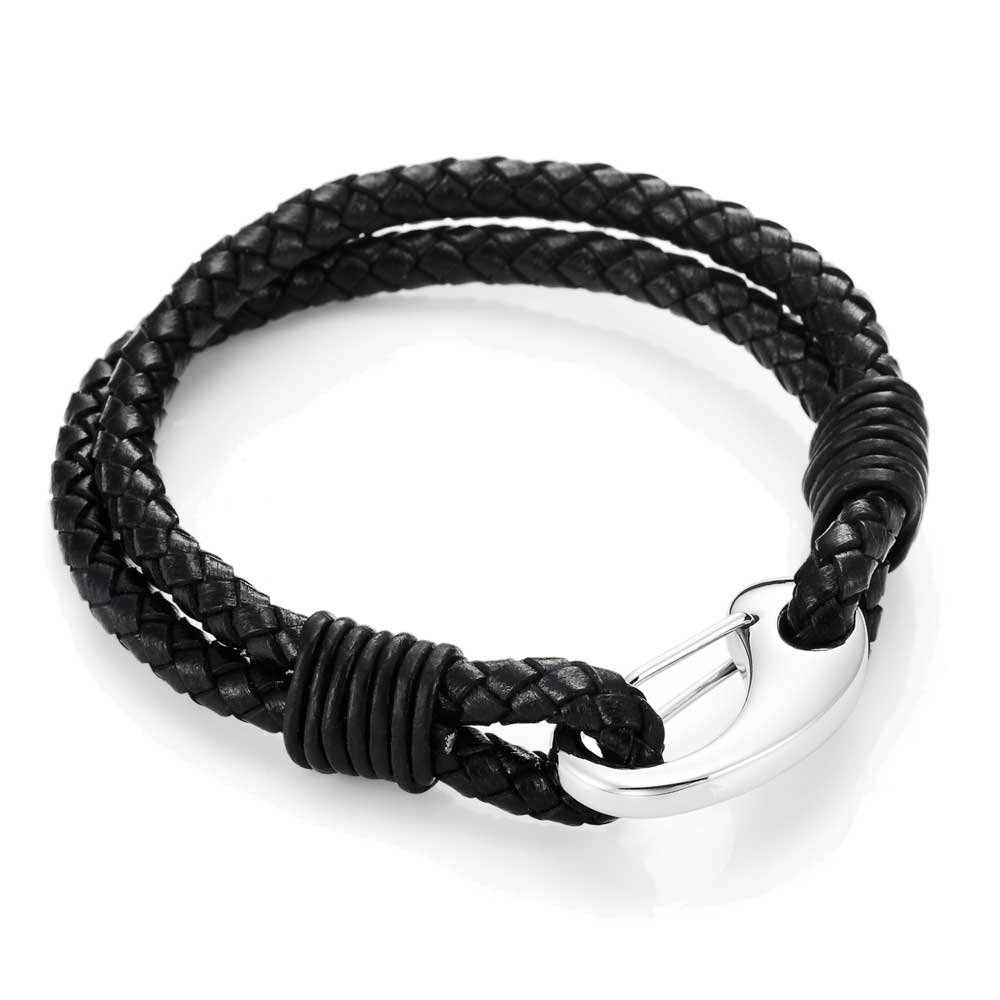 URBAN JEWELRY Mens Braided Black Genuine Leather Bracelet with Locking Stainless Steel Clasp, Color Black Silver — image 1
