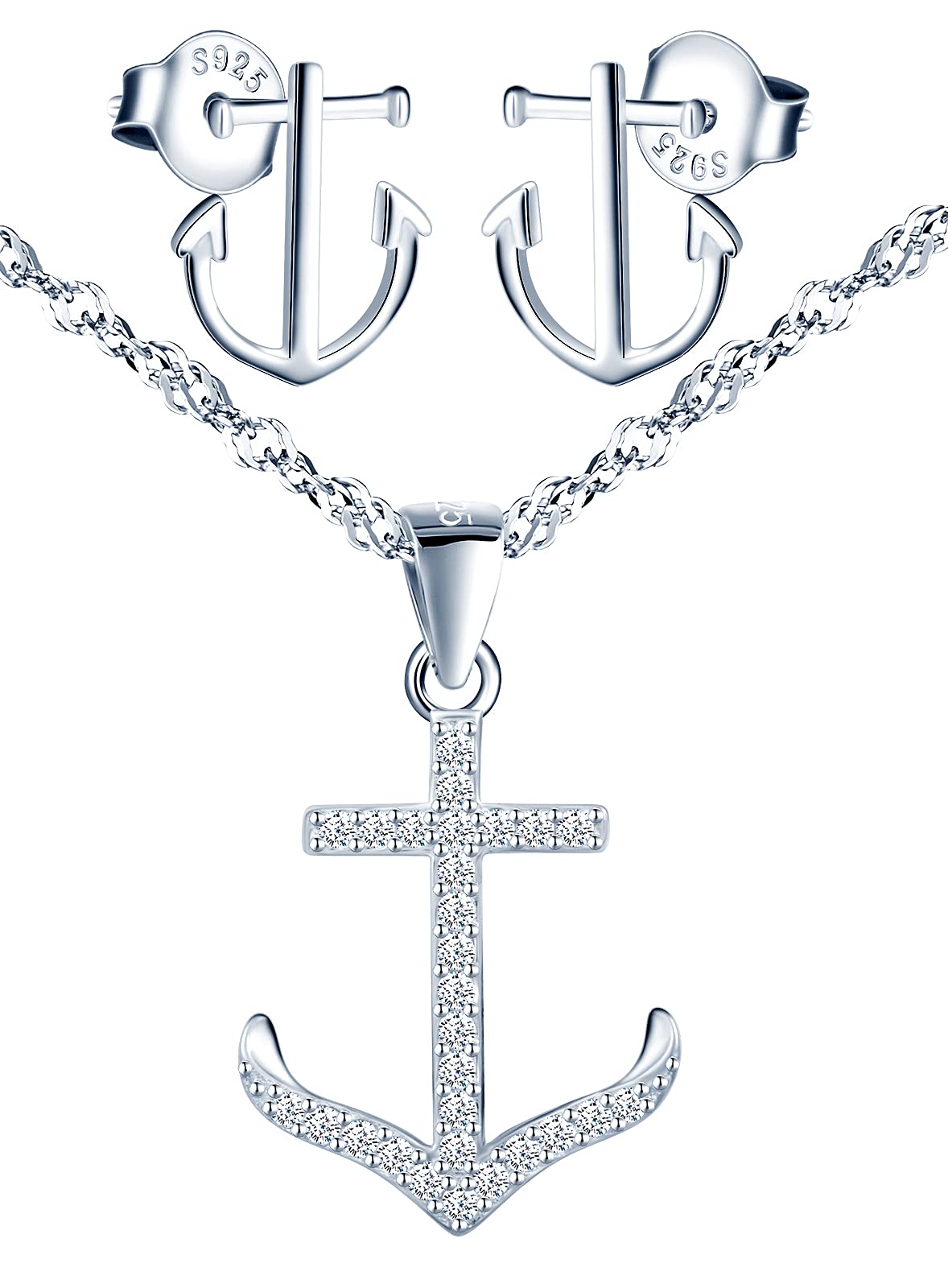 Yumilok Jewellery Set Pendant Necklace and Earrings Set Cubic Zirconia Anchor Jewellery for Women
