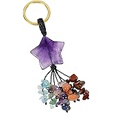 TUMBEELLUWA 7 Chakra Healing Crystal Star Keychain for Men Women | Rainbow Tumbled Stone Tassel Gemstone Key Ring, Crystal Keychains for Car Keys, Cute Handbag Charms for Purses Wallet Bag