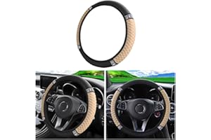 FEKEY&JF Bling Soft Leather Steering Wheel Cover, 15 Inch Colorful Rhinestones Auto Elastic Steering Wheel Protector, Sparkly Crystal Diamond for Women Girls, Car Interior Accessories (Beige)