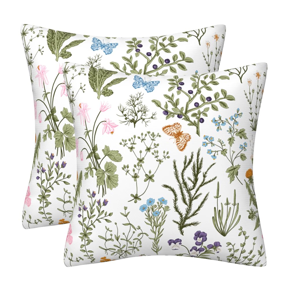 Set of 2 Sage Green Wild Flower Plant Cushion Cover 45 x 45 Spring Summer Floral Soft Velvet Pillow Covers Decor Square Cushions Cases for Sofa Bed Couch Outdoor Home Decorations 18 x 18 Inch