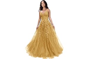 CHICBRIDAL Tulle Prom Dresses for Women 2024 Sparkly Lace Appliques Long Ball Gowns with Spaghetti Straps A-Line Evening Dresses