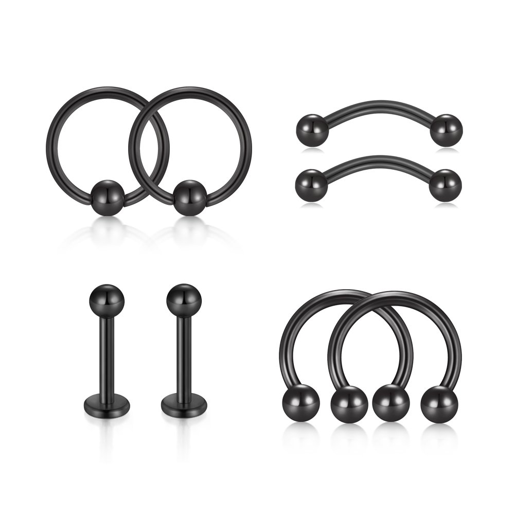 VF VFUN 16G Tragus Earrings, 316L Surgical Steel Internally Threaded Lip Rings, Curved Barbell Bar Piercing, Eyebrow Rings, Cartilage Earrings Black