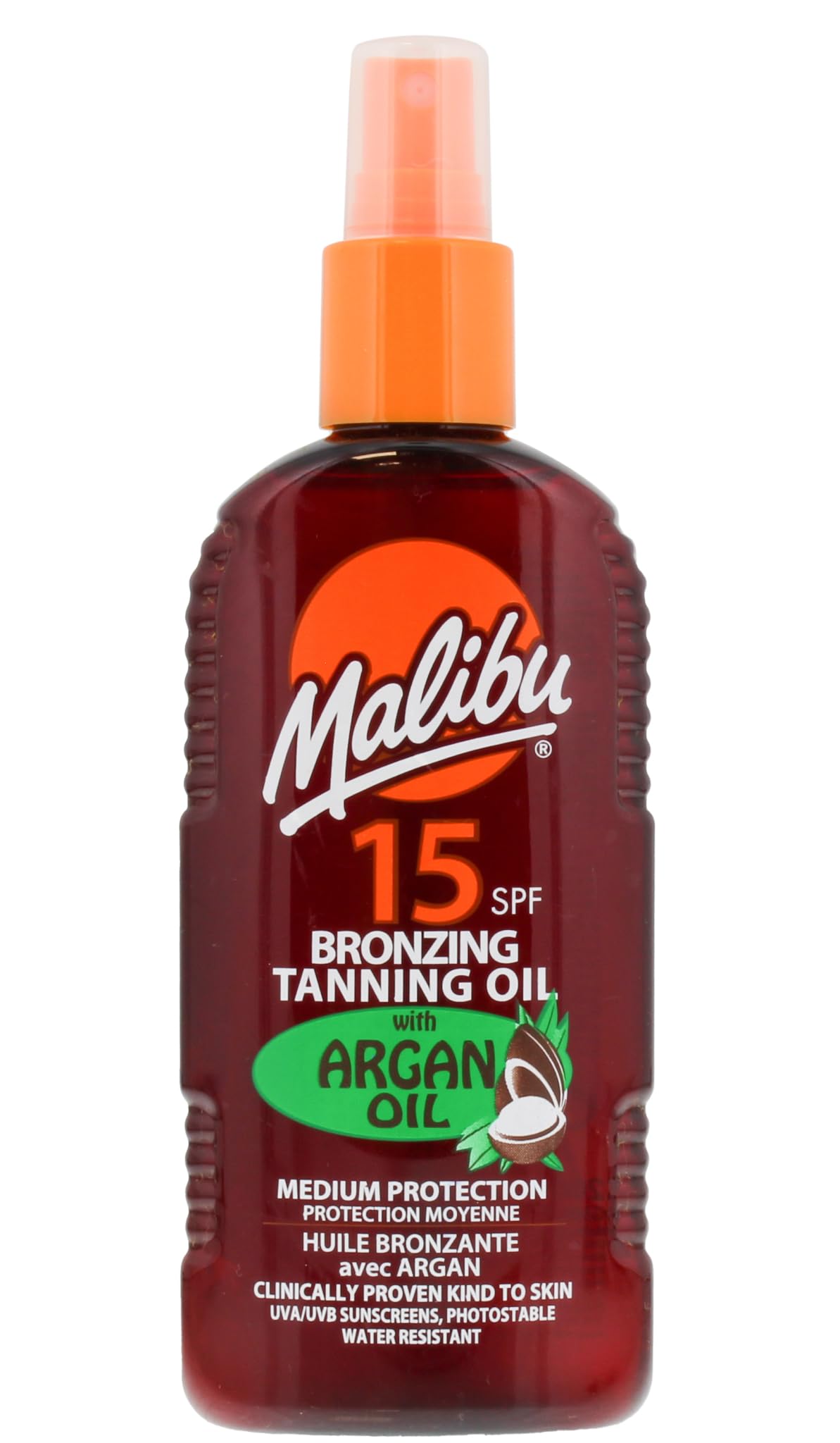 Malibu Sun SPF 15 Bronzing Tanning Argan Oil Spray with Medium Protection, Water Resistant, Tropical Scent, 200ml