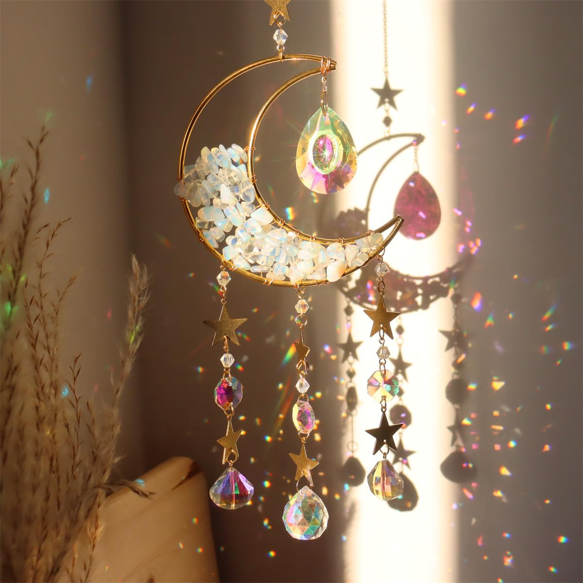 Cnwinu Crystal Suncatcher, Gold Moon Catchers Hanging with Chain Pendant Ornament, Rainbow Sunlight Deco, Wind Chimes for Window Bedroom Car Home Garden Party Decorations (Hourglass Moon White)
