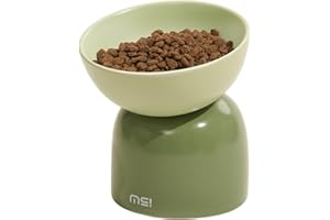 MS!MAKE SURE Elevated Ceramic Cat Food Bowl - 5.5" Wide Dish for Whikser Friendly, 6.6" Height for Easy Feeding, Lead & Cadmium Free, Durable Raised Cat Food Bowls, Green