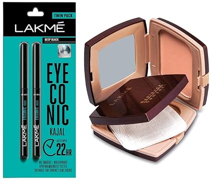 Lakme Eyeconic Kajal Twin Pack, Black, 0.35g with 0.35g & Lakme Radiance Complexion Compact, Pearl, 9g