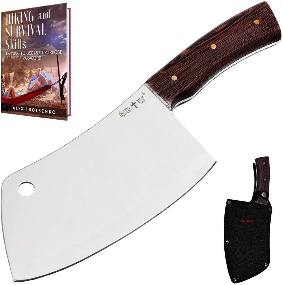 Amazon Com Grand Way Butcher Chopping Meat Knife Hunting Axe Big Cleaver Tactical Fixed Blade Bone Knife Survival Bushcraft Knives With Wood Handle For Outdoor Birthday For Chef