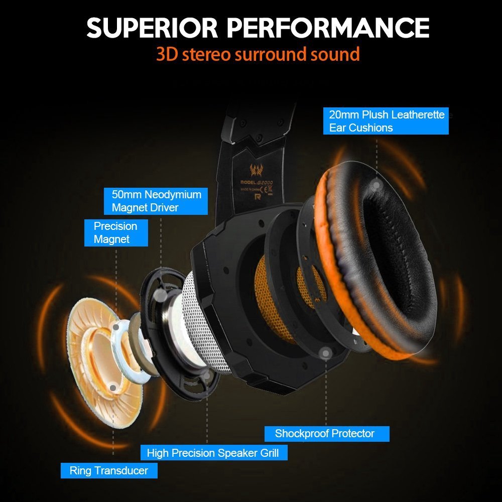 Casque Gaming Micro G2000, Casque de Jeux Filaire PC avec Microphone, Contrôleur de Volume, LED, Casque Gamer pour PC