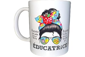 Handmade 12oz White Educator Coffee Mug – “Éducatrice” Design + Matching Hors Service Coaster – Child-Care Worker Appreciatio