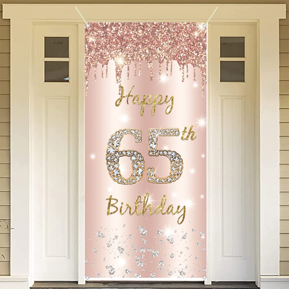 65th Birthday Decorations for Women, Happy 65th Birthday Backdrop Banner Rosegold Fabric Sign Poster, 65 Years Old Party Supplies Door Banner Welcome Sign Photo Background