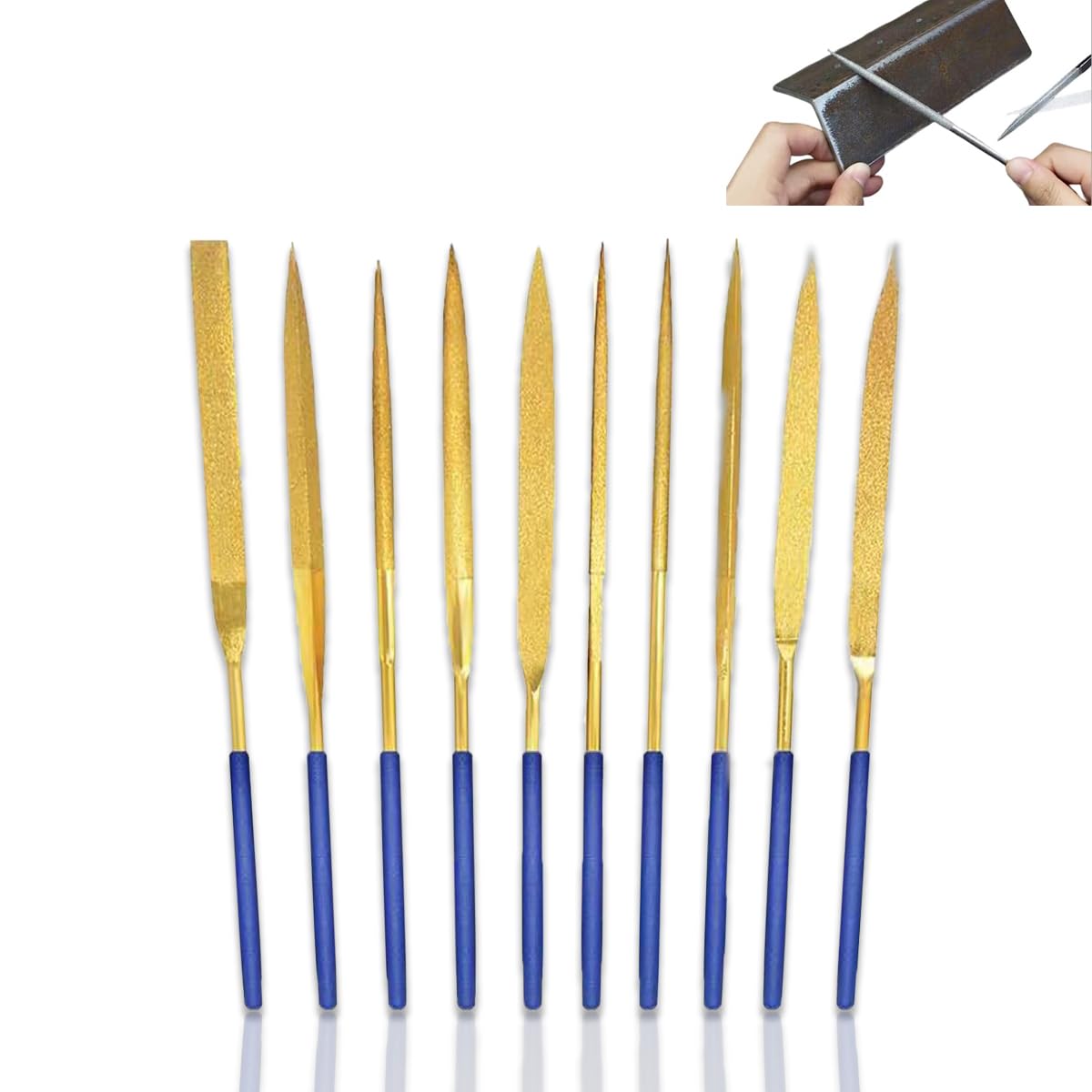 Plstod Needle File Set 10 Piece, 3x140mm Metal File, Mini Diamond Files Set for Steel for Soft Metal Wood Stone and Plastic Diamond Coated Tool Files with Precision (Blue and Gold)
