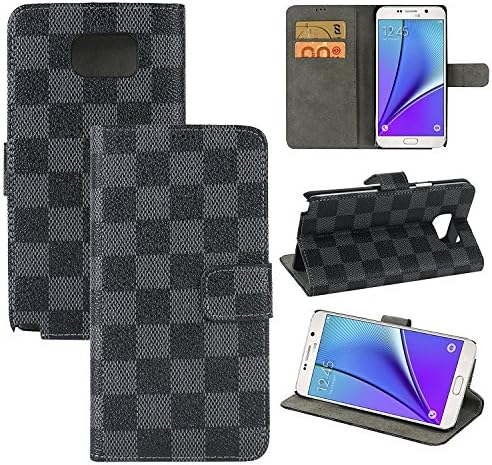 Galaxy Note 5 Case, SAFODO[Kickstand Feature] [Grid Pattern] Premium PU Leather Wallet Case Flip Cover for Samsung Galaxy Note 5, [Gray/Black]