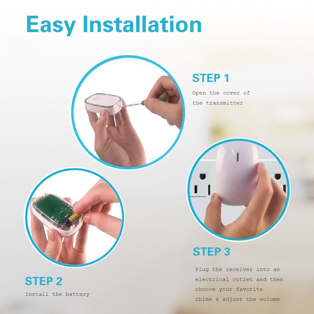 Wireless Doorbell Door Chime Kit Portable Waterproof Push Button over 900ft Long Range 4-Level Volume & Blue Light 36 Melodies to Choose 1 Transmitters 1 Receivers-White