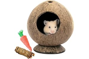 ZONZXCV Coconut Hamster Hideout Hamster House Gerbil Cage for Small Animals with a Bundle of Apple Sticks a Carrot (Brown)