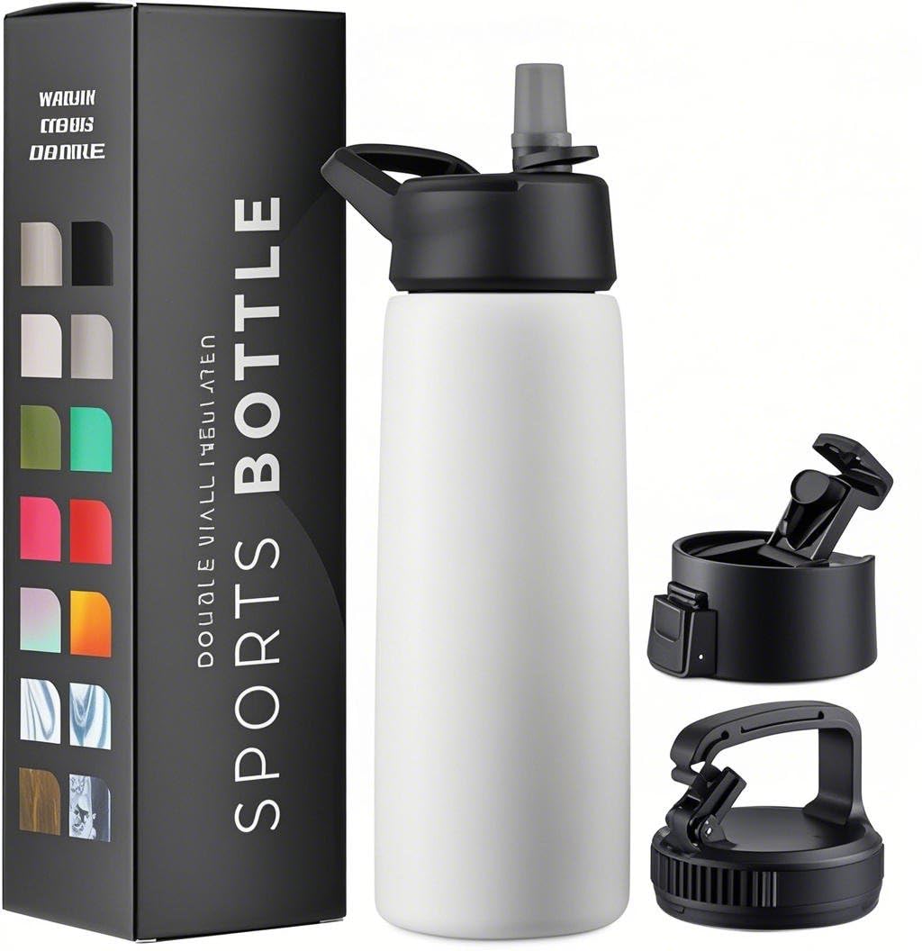 GARUET 750ml Triple Walled, Insulated Water Bottles with Straw - Stainless Steel Metal Bottle W/ 3 Leak Proof Lids - For Travel, School, Sports, Gym/Men, Women (Pure Pearly White)