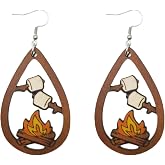 ROSTIVO Campfire Marshmallow Earrings for Women &ndash; Lightweight Wooden Drop Dangle Earrings &ndash; 3.5" Teardrop Campfire Jewelry for Camping Lovers