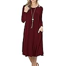 GRECERELLE Womens Long Sleeve Casual Loose Swing Dress Wine Red-XL