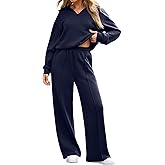 Aleumdr Womens 2 Piece Outfits Fall Lounge Set Sweatsuit Long Sleeve Tops Wide Leg Pants with Pockets Travel Outfit