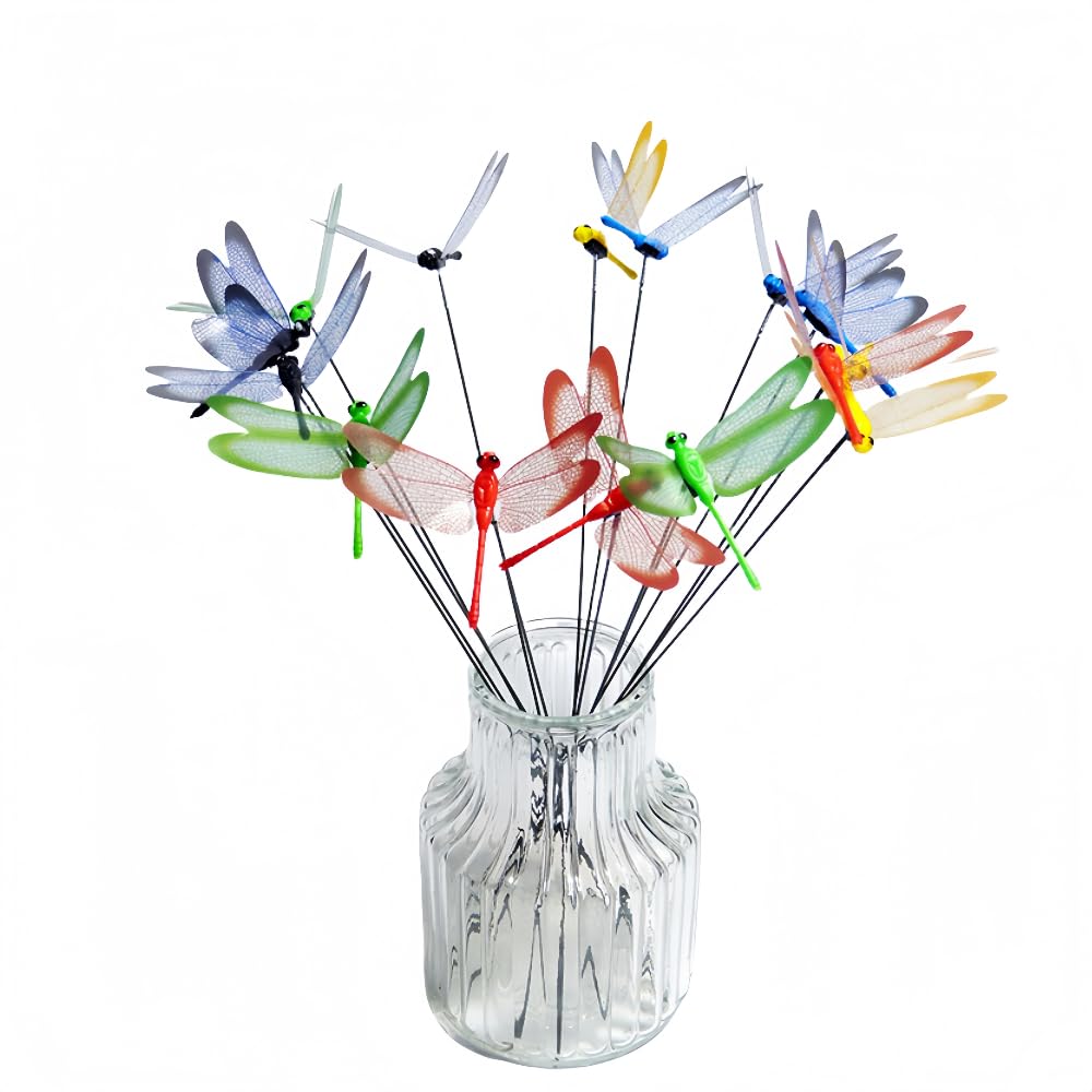 XIZHI 40 Pcs 3D Artificial Dragonfly Stakes Garden Ornaments Dragonfly Garden Decor for Indoor Outdoor Planter Miniature Fairy Garden Decoration,Yellow,Blue,Green,Red