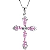 Inpasne Women Cross Necklace 925 Sterling Silver Halo Gemstone Necklace Crucifix Religious Pendant Birthstone Jewelry Gifts for Her