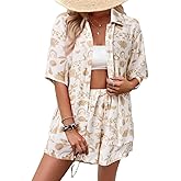 Sulozom Women's 2 Piece Beach Outfits Button Down Short Sleeve Shirts and High Waist Shorts Lounge Sets Casual Tracksuit Set