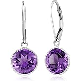 Gem Stone King 8.00 CTTW Purple Amethyst Leverback Dangle Earrings for Women In 925 Sterling Silver | Gemstone Birthstone | Round 10MM
