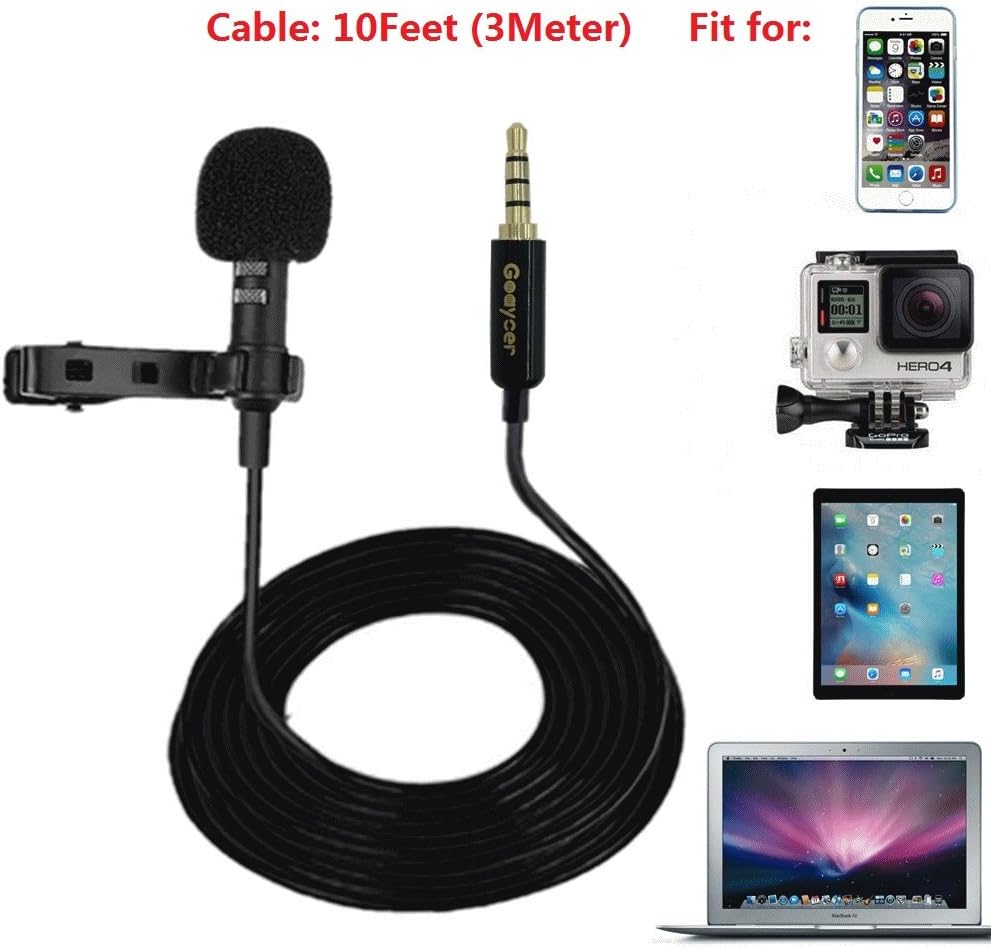 Lavalier Lapel Microphone Omnidirectional Condenser Clip On Mic 10Feet Cable with GoPro Adapter for HERO 3 3+ 4 IPhone iPad Smartphones DSLR PC Noise Cancelling Recording Mic
