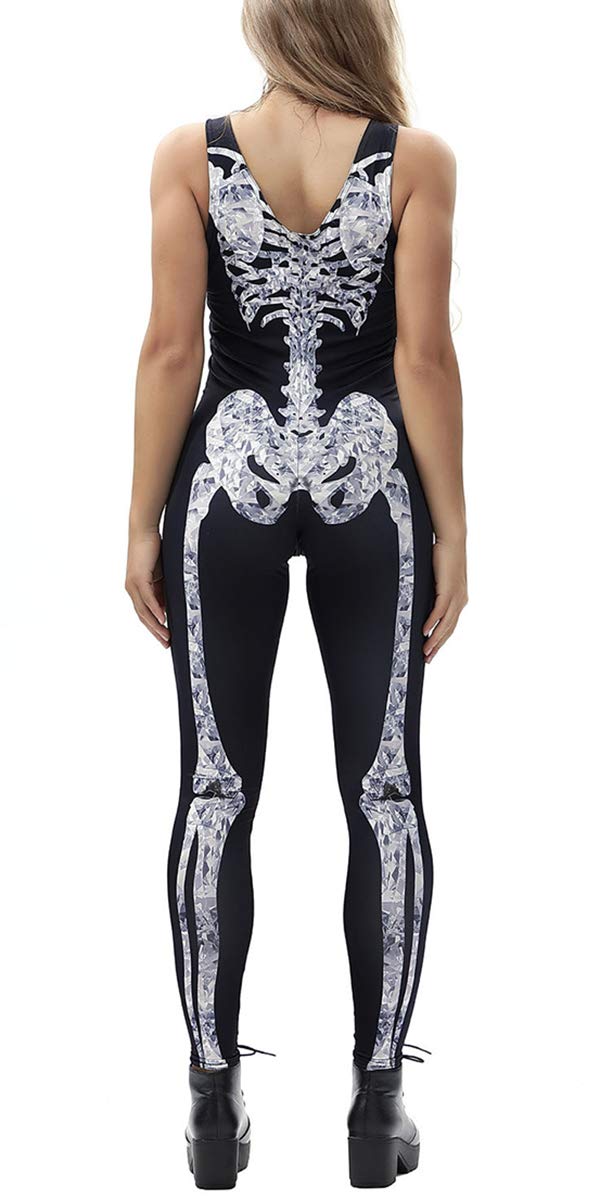 TUONROAD Printed Scary Full Bodysuits for Halloween Cosplay Party Funny Unique Black White Grey Xray Skeleton Catsuit Outfits One-Piece Zip up Sleeveless Leotard Jumpsuit Costume for Womens Ladies