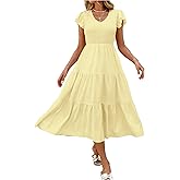 Floerns Women's Summer Midi Dress Ruffle Cap Sleeve Shirred V Neck Tiered Hem Dresses