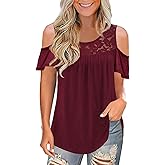 Womens Summer Cold Shoulder Tunic Tops Sexy Casual Short Sleeve Scoop Neck Lace Pleated T Shirts Blouse