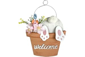 HOMirable Easter Sign Welcome Bucket Bunny Wall Decor Farmhouse Rabbit Decorations for Home Rustic Wooden Hanging Sign Funny Bunny Decor for Front Door Garden Yard Indoor Outdoor Holiday