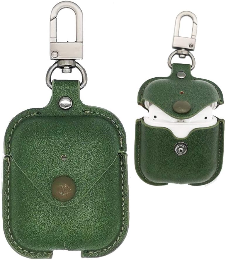 Leather Case with Keychain for Apple AirPods, Yoelike Premium Leather Vintage Portable Shockproof Protective Cover for Apple AirPods Earphones Charging Case (Green)