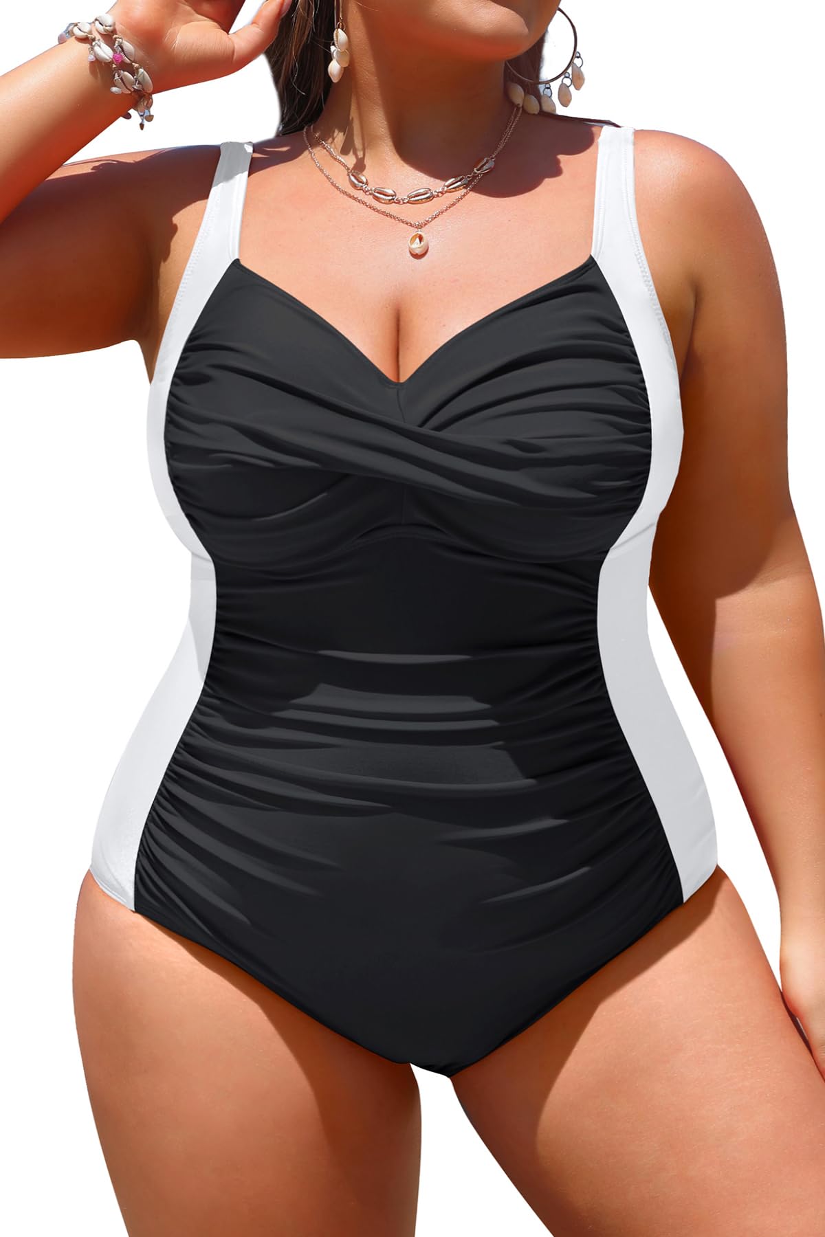 View 1 of ***RUNS BIG*** Yonique Women Plus Size One Piece Swimsuits Tummy Control Bathing Suits Twist Front Ruched Swimwear Black and White 18W