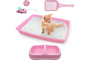 PAWISE Cat Litter Box Set, Small Kitten Starter Kit, Includes Litter Box, Litter Scoop, Double Dish Feeding Bowl, Cat Mouse Toy, Kitty Ball Toy, Pink