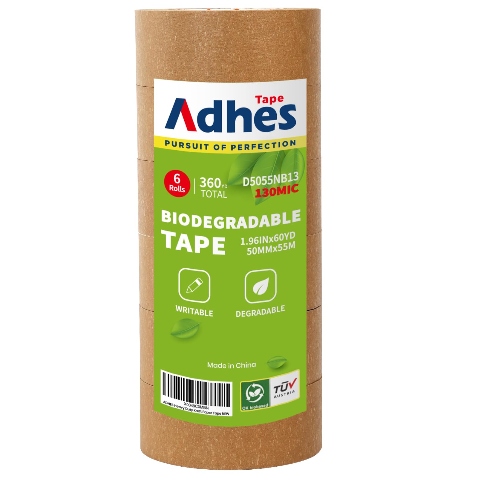 ADHES Kraft Paper Tape, 2 Inch x 60 Yards x 6 Rolls, Biodegradable Paper Packing Tape Writable & Uncoated Brown Shipping Tape for Shipping, Moving, Sealing…