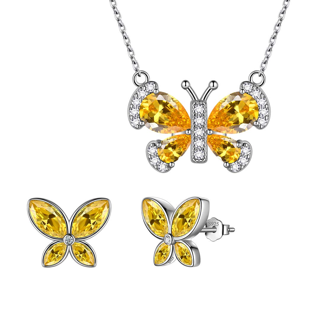 Aurora Tears Yellow Butterfly Jewellery Sets Women 925 Sterling Silver Animal Butterflies November Birthstone Citrine Necklace/Earring Set Crystal Wedding Birthday Jewelry DS0090N