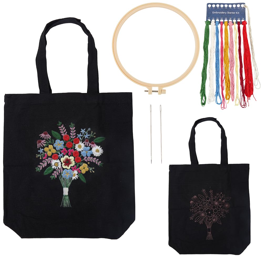 CRASPIRE Canvas Tote Bag Embroidery Kit Flower Bouquet DIY Cross Stitch Kit Black Cotton Fabric with Embroidery Needles Color Threads Plastic Embroidery Hoop for Beginners Adults Arts Crafts Supplies