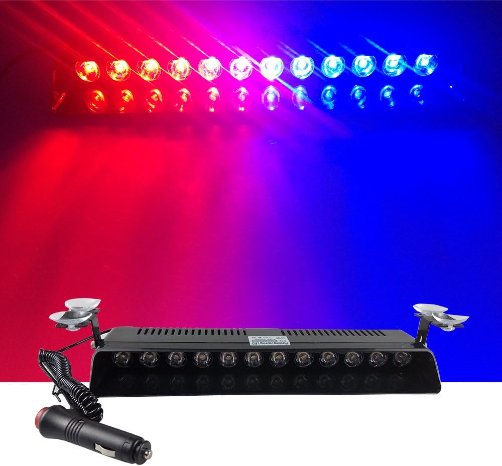 12V Car Truck Emergency Strobe Flash Light Sucker Dashboard Interior Windshield Warning Light Bar Current (12LED, Red and Blue)