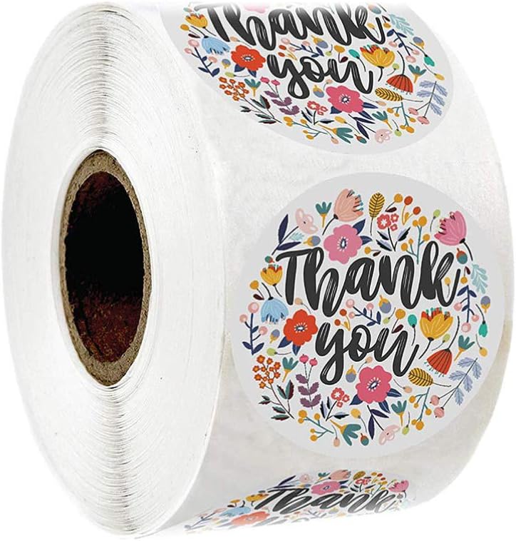 1 Roll Thank You Sticker Paper Self-Adhesive Sealing Label Wrapping Flower Decals DIY Bag Tag for Mothers Day Business Birthday Wedding Party