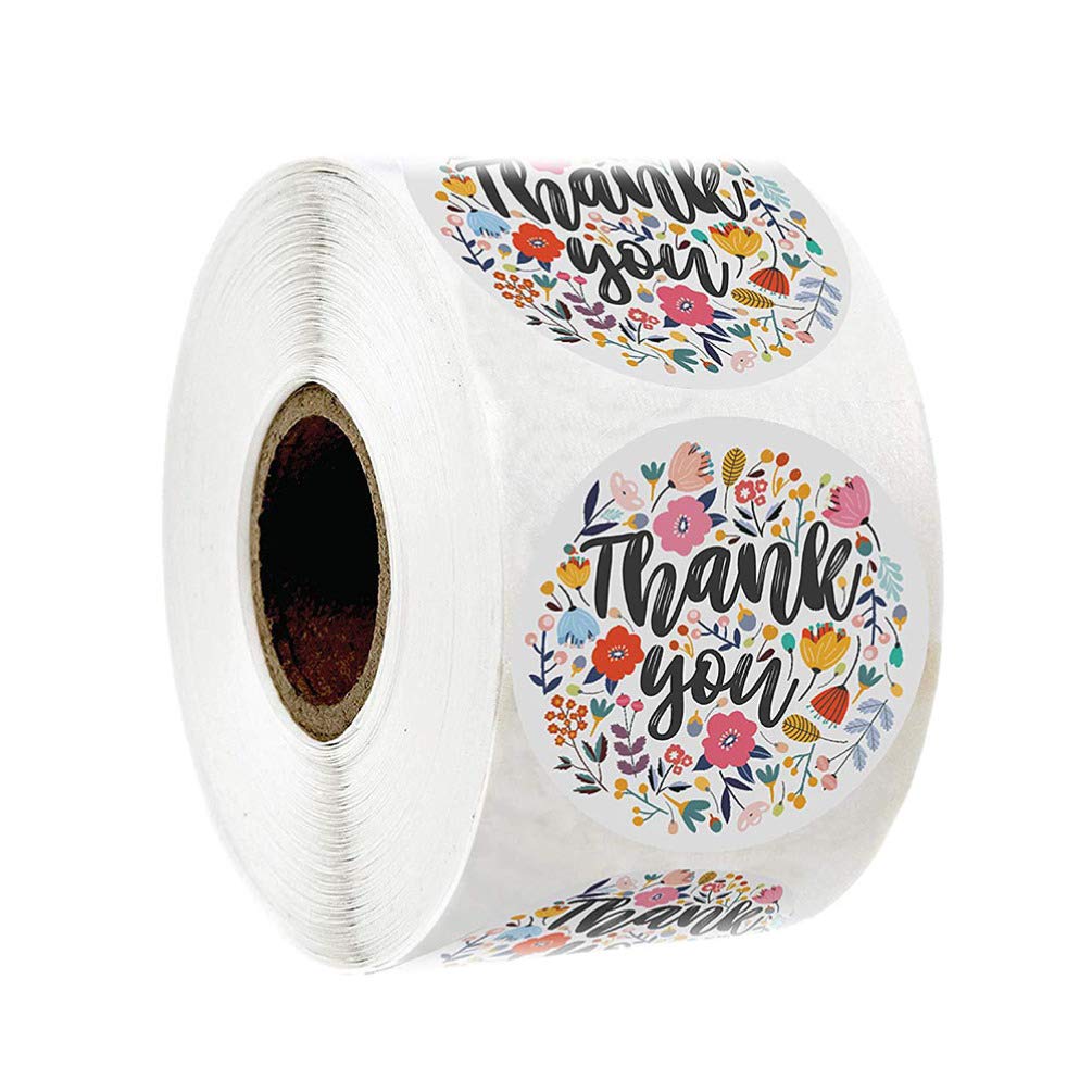 1 Roll Thank You Sticker Paper Self-Adhesive Sealing Label Wrapping Flower Decals DIY Bag Tag for Mothers Day Business Birthday Wedding Party