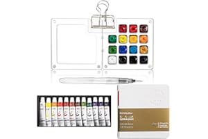 FACDIARY Mini Travel Watercolor Set Pocket Artist Watercolor Travel Set Grid Palette Box Sketch Book with Binder Clips Art Painting Kits for Painters Artists Students