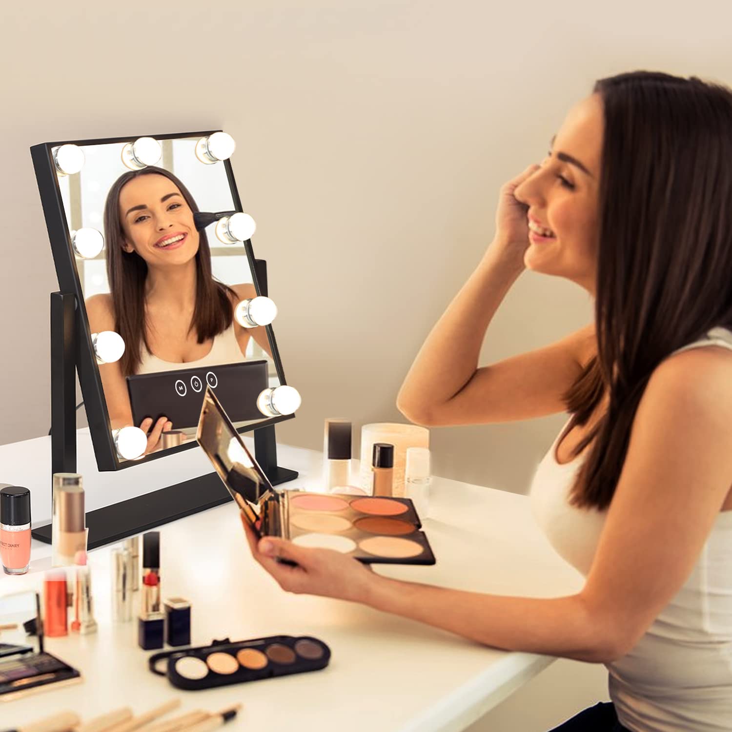 Kotdning Vanity Mirror with Lights,Lighted Vanity Mirror with 9 Dimmable Bulbs for Dressing Room & Bedroom,3 Color Lighting,Modes Detachable 10x Magnification 360°Ratation (Black) 12