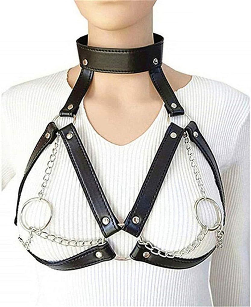 Women's Faux Leather Harness Punk Gothic Metal Chain Tassel Body Caged Lock Clothing Accessories
